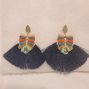 Statement Earrings Navy Blue w/ Fringe / Tassel